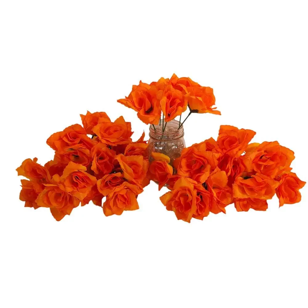 Orange Silk Artificial Rose Flowers Wired Stems Wedding Craft 2.5